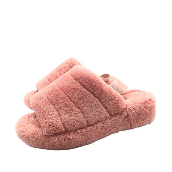 UGG Fluff Yeah Slide Slippers Womens 9 Pink Shearling Fur Comfy Strap Sandals - Picture 1 of 5
